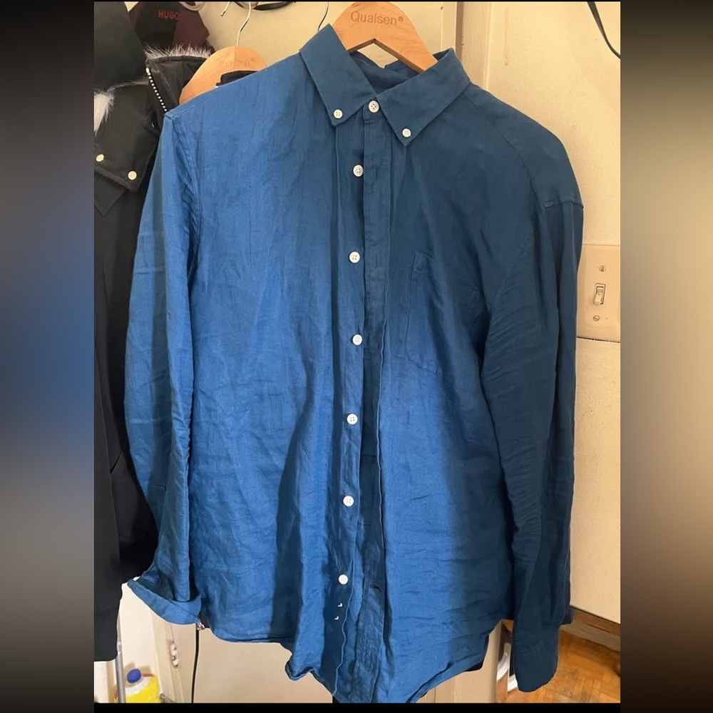 Men's Blue 100% Linen Button-Up Shirt